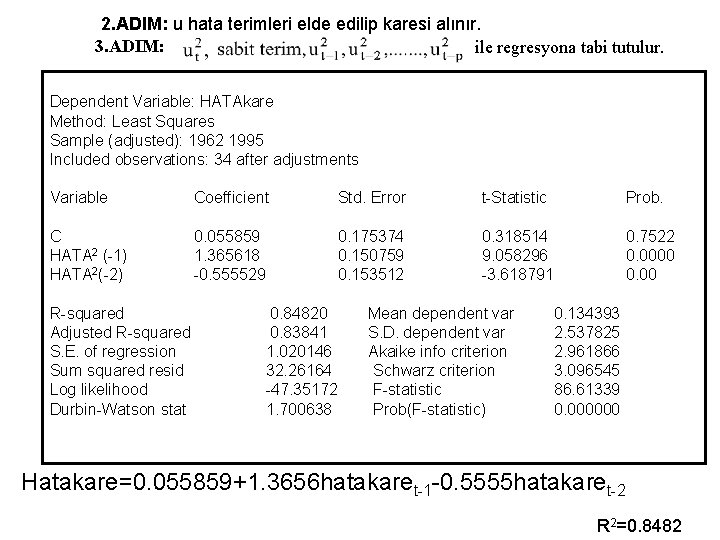 2. ADIM: u hata terimleri elde edilip karesi alınır. 3. ADIM: ile regresyona tabi 2. ADIM: u hata terimleri elde edilip karesi alınır. 3. ADIM: ile regresyona tabi