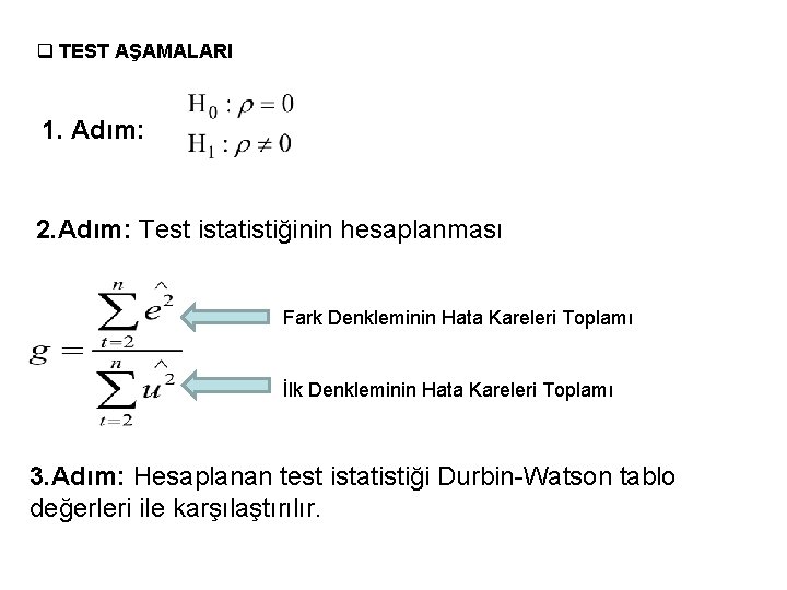 q TEST AŞAMALARI 1. Adım: 2. Adım: Test istatistiğinin hesaplanması Fark Denkleminin Hata Kareleri q TEST AŞAMALARI 1. Adım: 2. Adım: Test istatistiğinin hesaplanması Fark Denkleminin Hata Kareleri