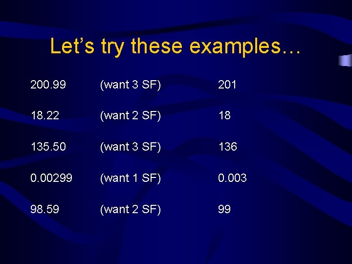 Let’s try these examples… 200. 99 (want 3 SF) 201 18. 22 (want 2