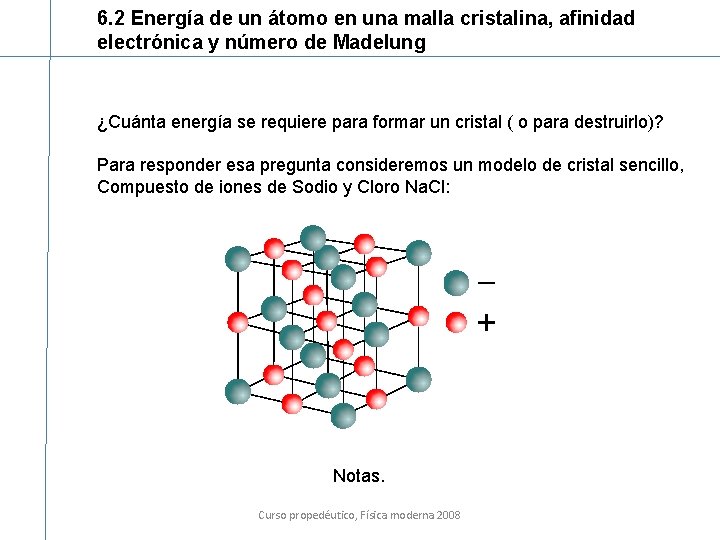 6. 2 Energía de un átomo en una malla cristalina, afinidad electrónica y número
