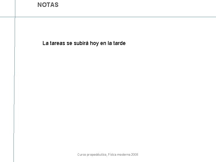 NOTAS La tareas se subirá hoy en la tarde Curso propedéutico, Física moderna 2008