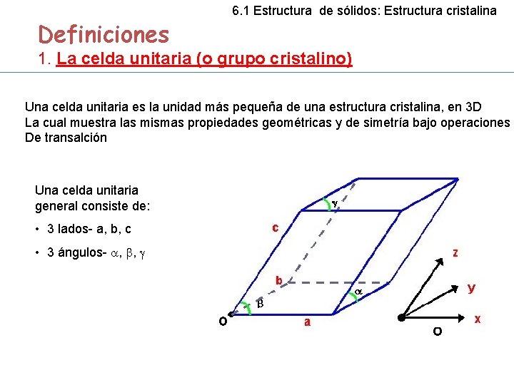 Definiciones 6. 1 Estructura de sólidos: Estructura cristalina 1. La celda unitaria (o grupo