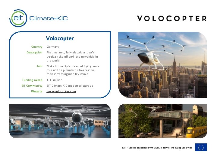 Volocopter Country Description Aim Germany First manned, fully electric and safe vertical take-off and