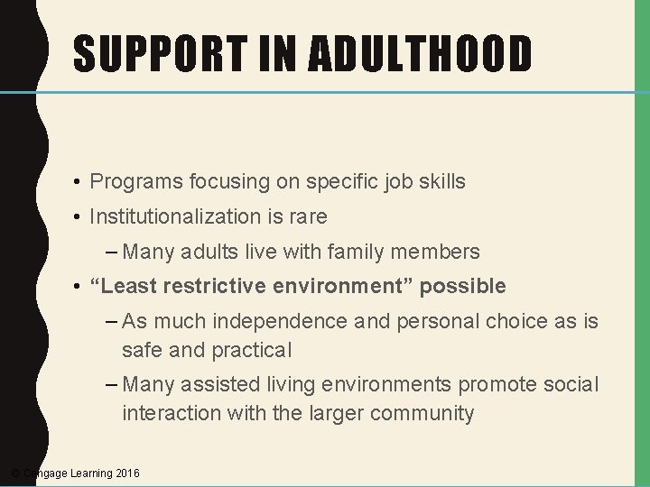 SUPPORT IN ADULTHOOD • Programs focusing on specific job skills • Institutionalization is rare