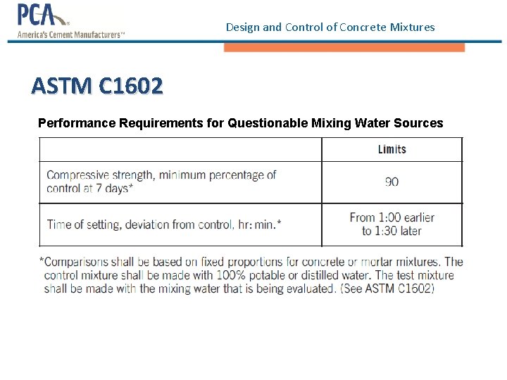Design and Control of Concrete Mixtures ASTM C 1602 Performance Requirements for Questionable Mixing