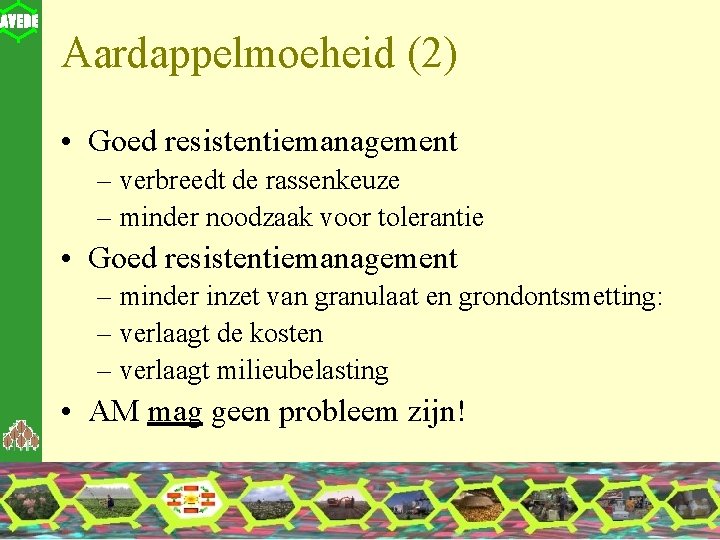 Aardappelmoeheid (2) • Goed resistentiemanagement – verbreedt de rassenkeuze – minder noodzaak voor tolerantie