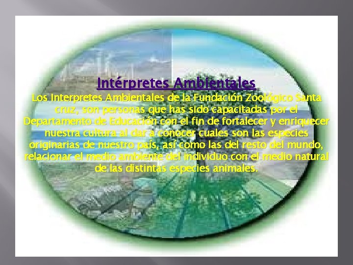 Intérpretes Ambientales Los Interpretes Ambientales de la Fundación Zoológico Santa cruz, son personas que