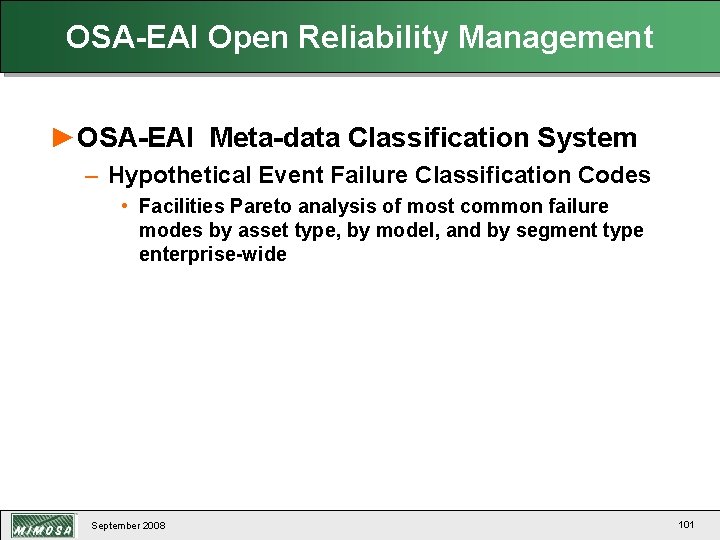 OSA-EAI Open Reliability Management ►OSA-EAI Meta-data Classification System – Hypothetical Event Failure Classification Codes