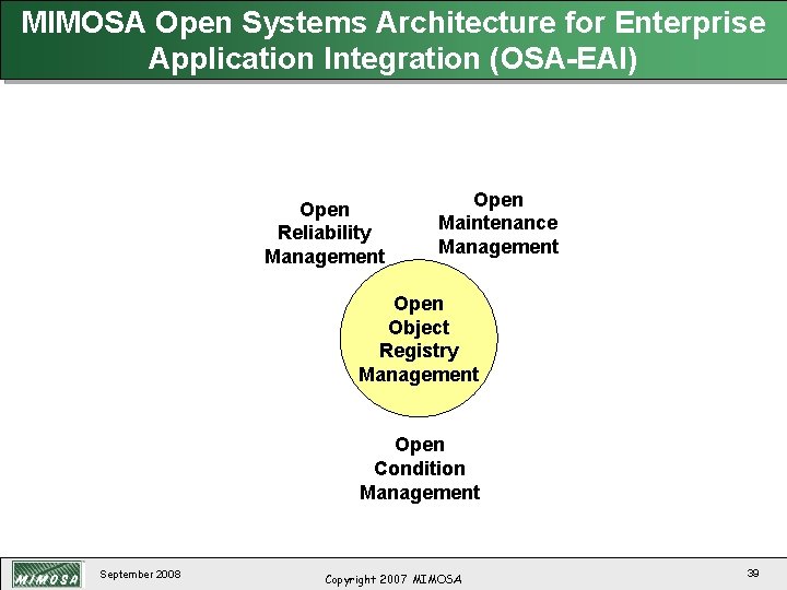 MIMOSA Open Systems Architecture for Enterprise Application Integration (OSA-EAI) Open Reliability Management Open Maintenance