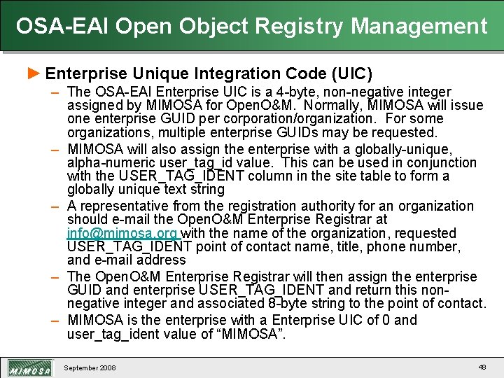 OSA-EAI Open Object Registry Management ► Enterprise Unique Integration Code (UIC) – The OSA-EAI
