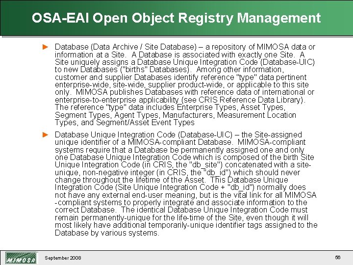 OSA-EAI Open Object Registry Management ► Database (Data Archive / Site Database) – a