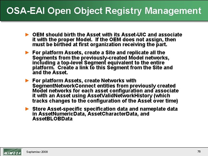OSA-EAI Open Object Registry Management ► OEM should birth the Asset with its Asset-UIC