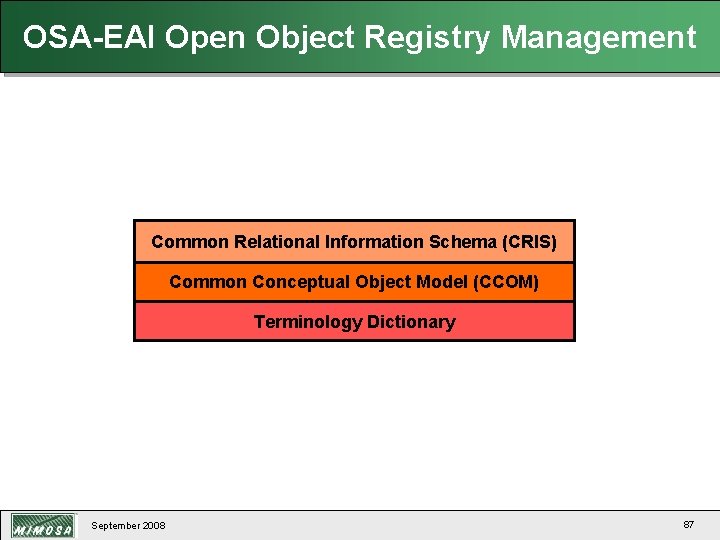 OSA-EAI Open Object Registry Management CRIS Representation of Object Registry Common Relational Information Schema