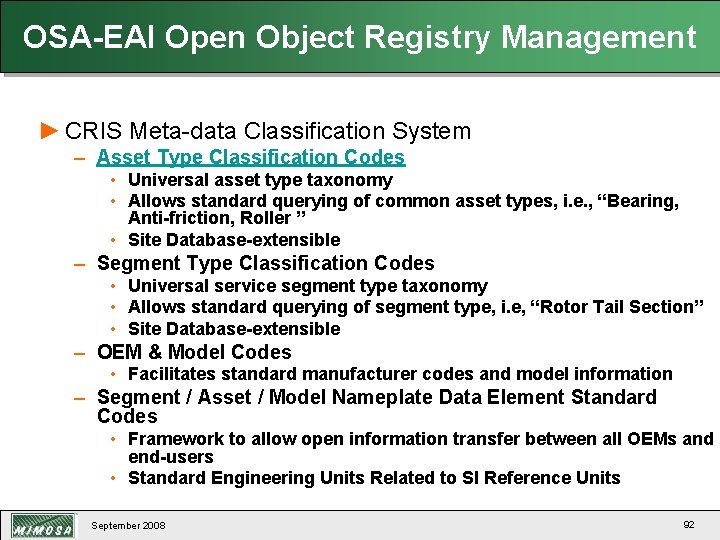 OSA-EAI Open Object Registry Management ► CRIS Meta-data Classification System – Asset Type Classification