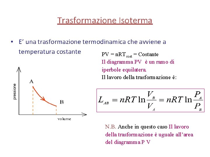 Trasformazione Isoterma • E’ una trasformazione termodinamica che avviene a temperatura costante PV =