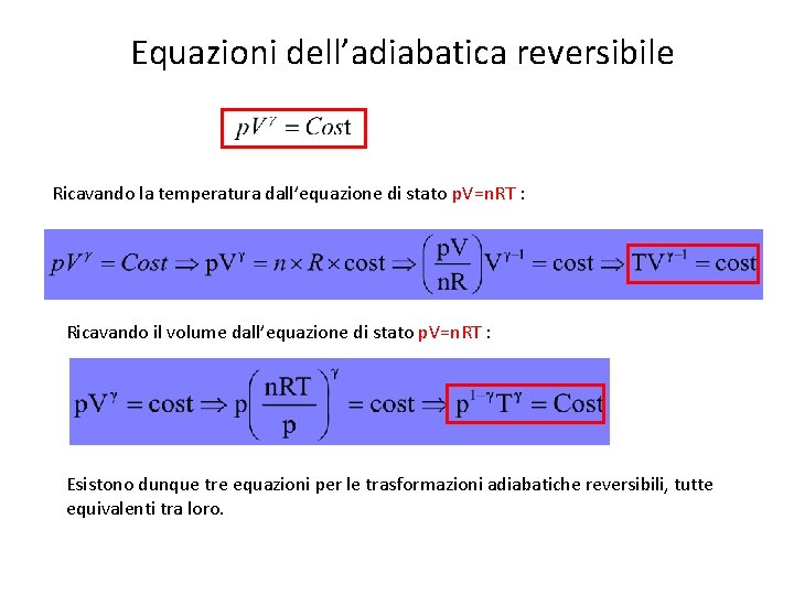 Equazioni dell’adiabatica reversibile Ricavando la temperatura dall’equazione di stato p. V=n. RT : Ricavando