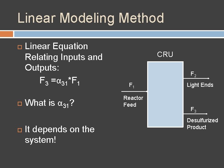 Linear Modeling Method Linear Equation Relating Inputs and Outputs: F 3 =α 31*F 1