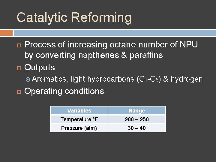 Catalytic Reforming Process of increasing octane number of NPU by converting napthenes & paraffins