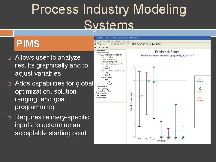 Process Industry Modeling Systems PIMS Allows user to analyze results graphically and to adjust