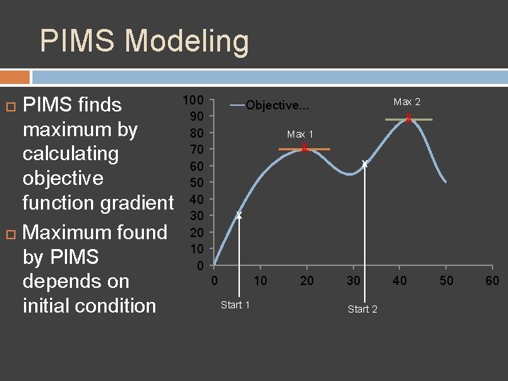 PIMS Modeling PIMS finds maximum by calculating objective function gradient Maximum found by PIMS