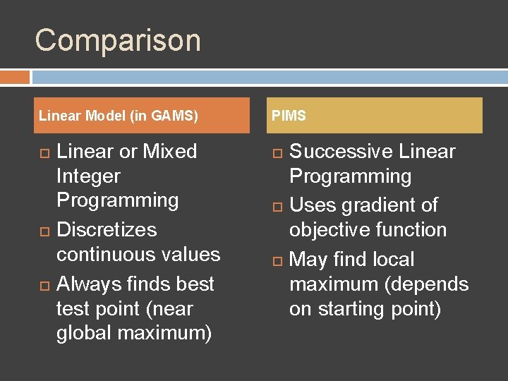 Comparison Linear Model (in GAMS) Linear or Mixed Integer Programming Discretizes continuous values Always