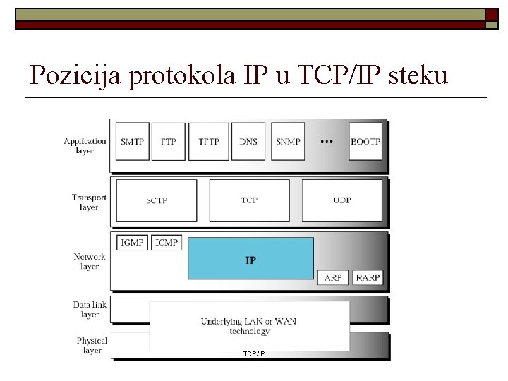 Pozicija protokola IP u TCP/IP steku TCP/IP Pozicija protokola IP u TCP/IP steku TCP/IP