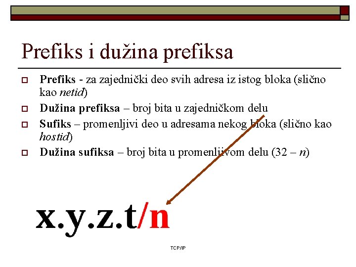 Prefiks i dužina prefiksa o o Prefiks - za zajednički deo svih adresa iz