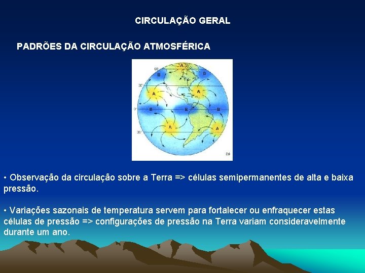 CIRCULAÇÃO GERAL PADRÕES DA CIRCULAÇÃO ATMOSFÉRICA • Observação da circulação sobre a Terra =>