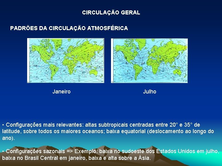 CIRCULAÇÃO GERAL PADRÕES DA CIRCULAÇÃO ATMOSFÉRICA Janeiro Julho • Configurações mais relevantes: altas subtropicais