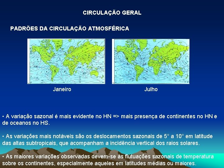 CIRCULAÇÃO GERAL PADRÕES DA CIRCULAÇÃO ATMOSFÉRICA Janeiro Julho • A variação sazonal é mais