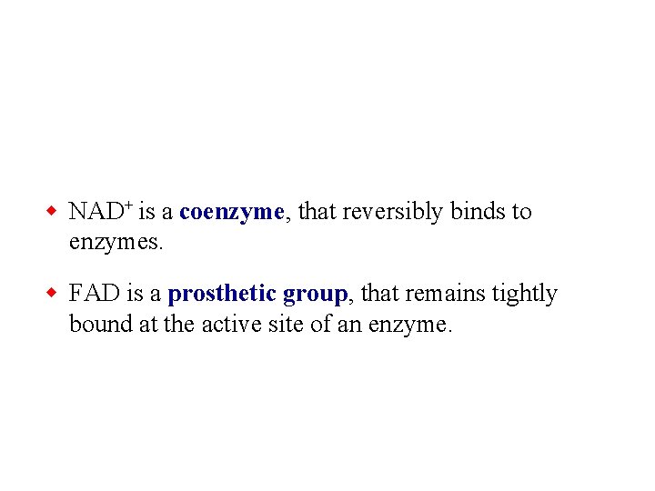 w NAD+ is a coenzyme, that reversibly binds to enzymes. w FAD is a