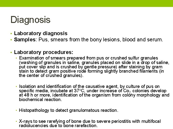 Diagnosis • Laboratory diagnosis • Samples: Pus, smears from the bony lesions, blood and