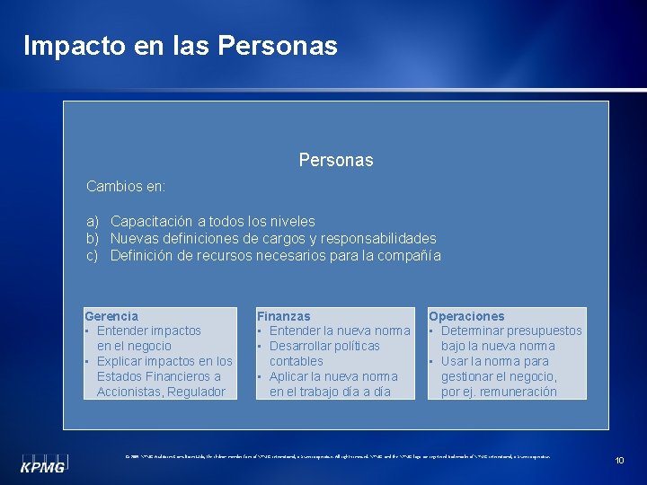 Impacto en las Personas Cambios en: a) Capacitación a todos los niveles b) Nuevas