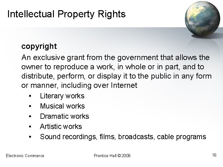 Intellectual Property Rights copyright An exclusive grant from the government that allows the owner