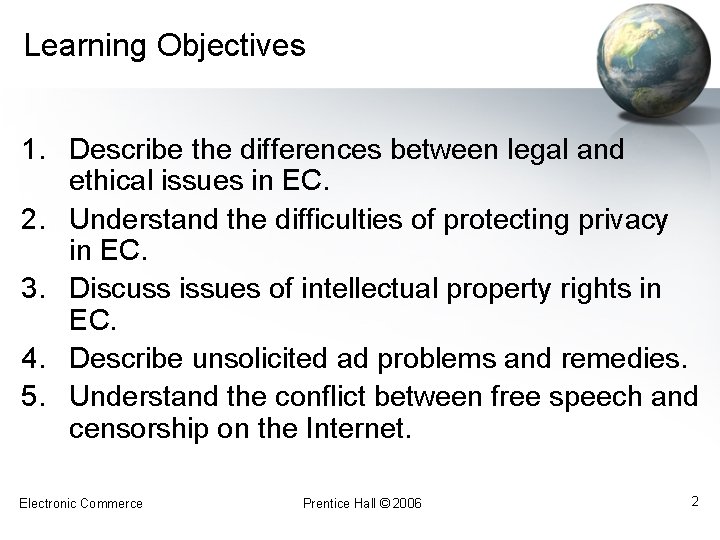 Learning Objectives 1. Describe the differences between legal and ethical issues in EC. 2.