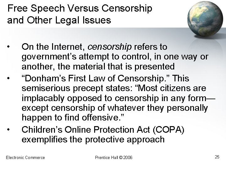 Free Speech Versus Censorship and Other Legal Issues • • • On the Internet,