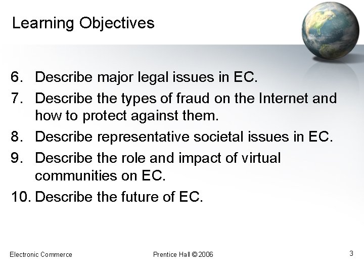 Learning Objectives 6. Describe major legal issues in EC. 7. Describe the types of