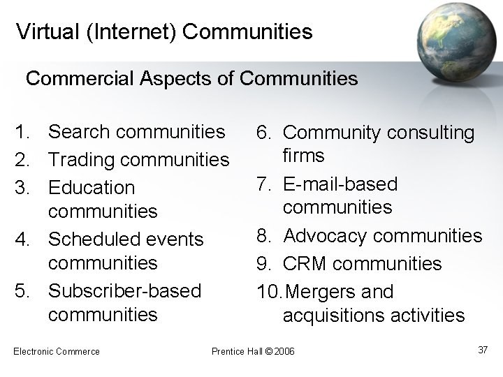 Virtual (Internet) Communities Commercial Aspects of Communities 1. Search communities 2. Trading communities 3.