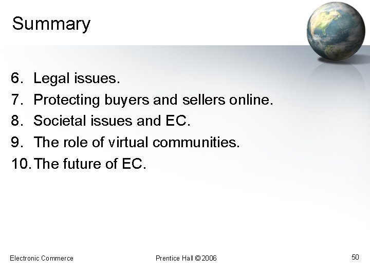 Summary 6. Legal issues. 7. Protecting buyers and sellers online. 8. Societal issues and
