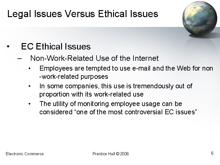 Legal Issues Versus Ethical Issues • EC Ethical Issues – Non-Work-Related Use of the