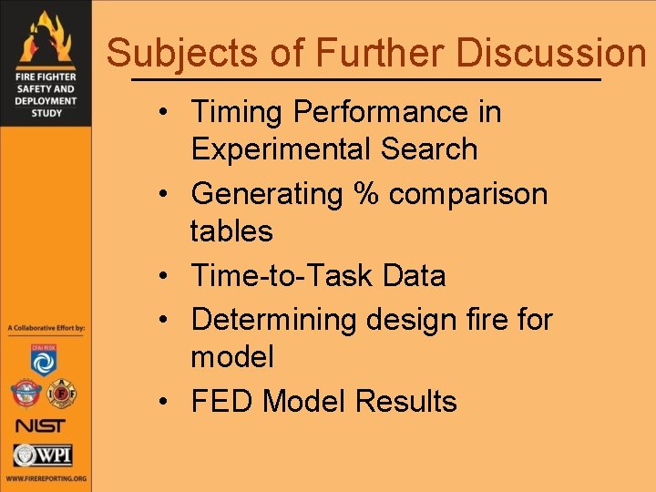 Subjects of Further Discussion • Timing Performance in Experimental Search • Generating % comparison