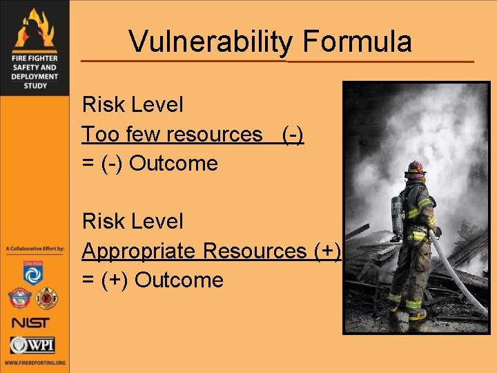 Vulnerability Formula Risk Level Too few resources (-) = (-) Outcome Risk Level Appropriate