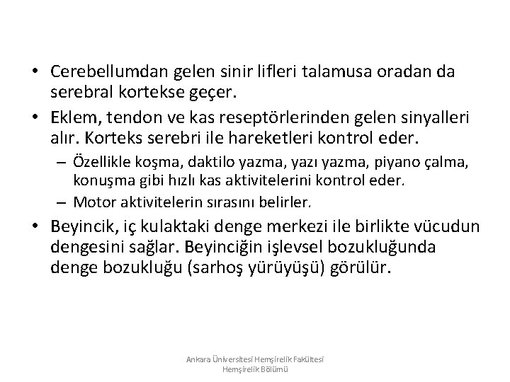 • Cerebellumdan gelen sinir lifleri talamusa oradan da serebral kortekse geçer. • Eklem, • Cerebellumdan gelen sinir lifleri talamusa oradan da serebral kortekse geçer. • Eklem,