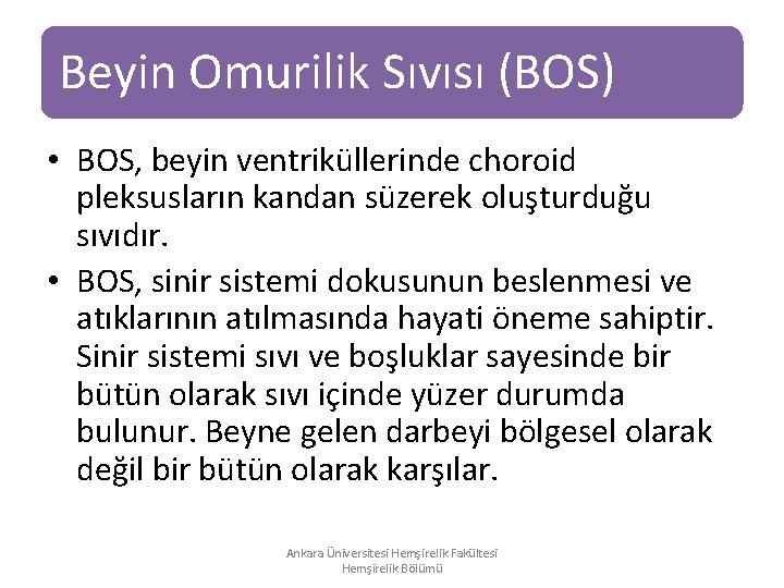 Beyin Omurilik Sıvısı (BOS) • BOS, beyin ventriküllerinde choroid pleksusların kandan süzerek oluşturduğu sıvıdır. Beyin Omurilik Sıvısı (BOS) • BOS, beyin ventriküllerinde choroid pleksusların kandan süzerek oluşturduğu sıvıdır.
