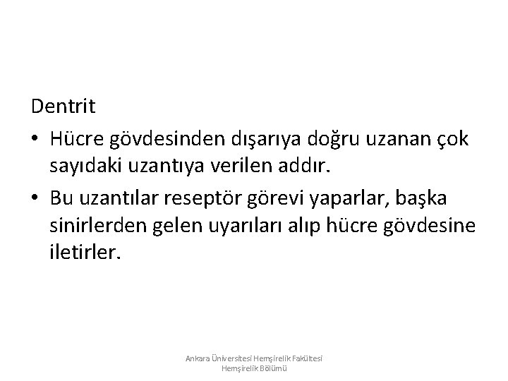 Dentrit • Hücre gövdesinden dışarıya doğru uzanan çok sayıdaki uzantıya verilen addır. • Bu Dentrit • Hücre gövdesinden dışarıya doğru uzanan çok sayıdaki uzantıya verilen addır. • Bu