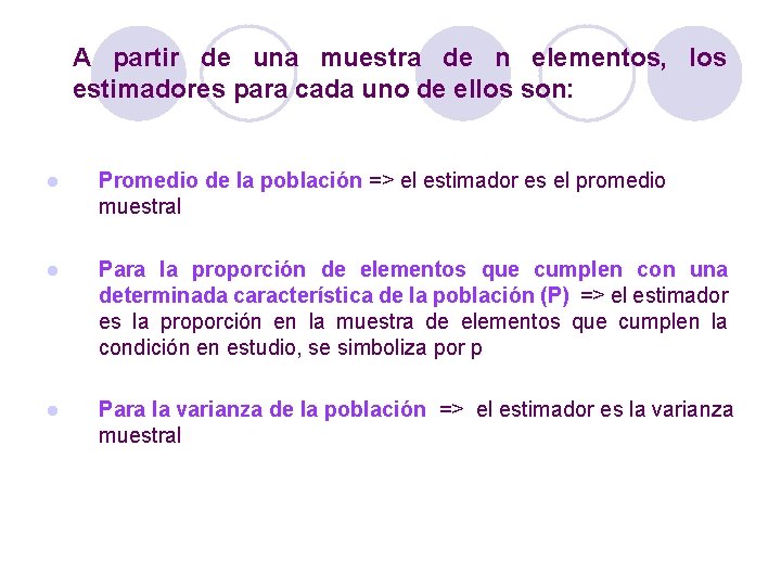 A partir de una muestra de n elementos, los estimadores para cada uno de