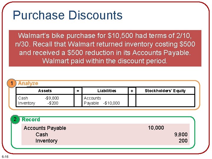 Purchase Discounts Walmart’s bike purchase for $10, 500 had terms of 2/10, n/30. Recall