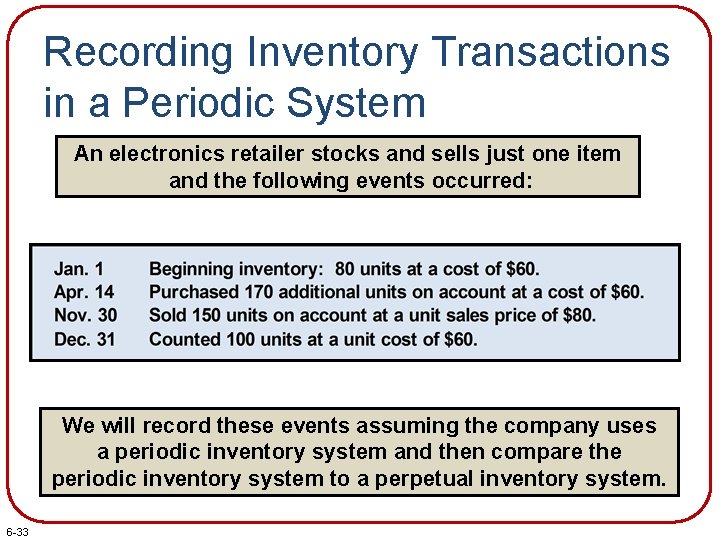 Recording Inventory Transactions in a Periodic System An electronics retailer stocks and sells just