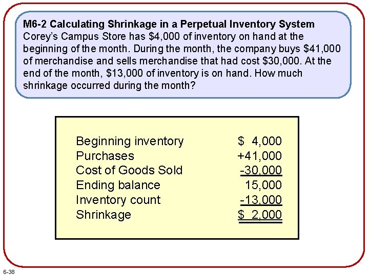 M 6 -2 Calculating Shrinkage in a Perpetual Inventory System Corey’s Campus Store has