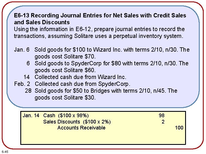 E 6 -13 Recording Journal Entries for Net Sales with Credit Sales and Sales